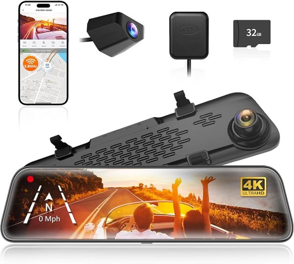 WOLFBOX G840S 12" 4K Mirror Dash Cam with 5.8GHz WiFi