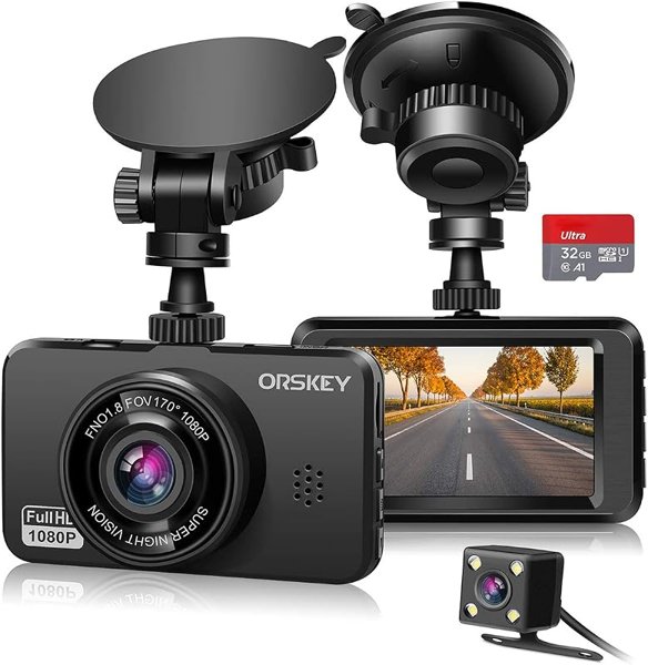 ORSKEY Dash Cam for Cars Front and Rear and SD Card Included 1080P Full…