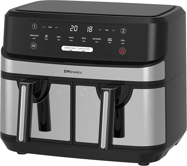 EMtronics EMAFDD9LSL Dual Air Fryer Extra Large Family Size Double XL 9…