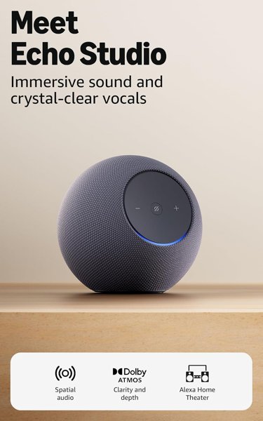 Amazon Echo Studio (newest gen), compact design, immersive spatial…