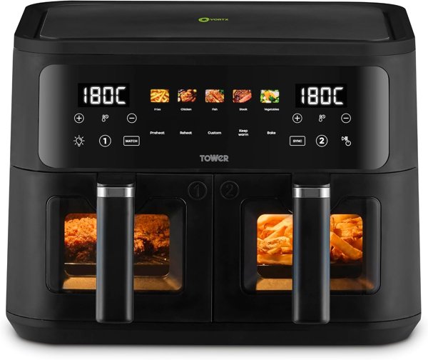 Tower Vortx 9L Dual Basket Digital Air Fryer with Viewing Windows Black